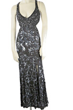 Cassandra Stone Black Silver Silk Beaded Embroidered Gown V Neck Dress Womens 0