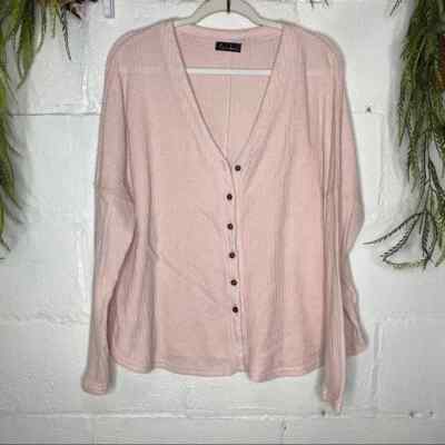 Soft Pink Waffle Weave Button Front V Neck Long Sleeve Top Size Large