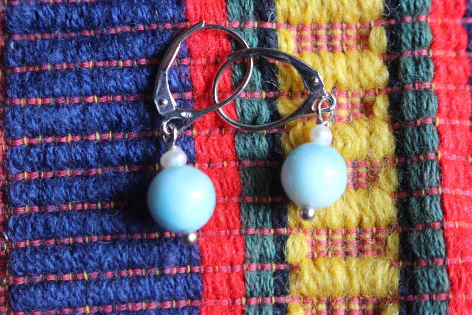 Boucles d'oreilles en argent 925 avec larimar bleu et perles de culture véritables