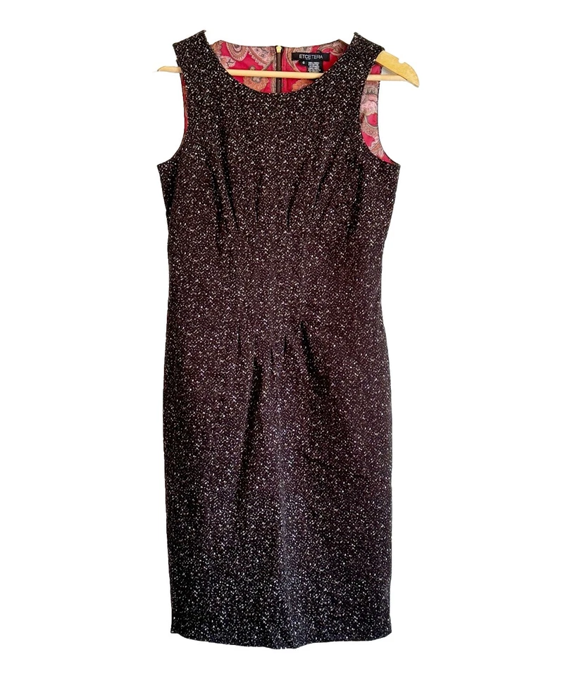 Vestido Vaina Etcetera Negro Estampado Moteado Tweed Carrera Talla 6 Bolsillos Sin Mangas Foto 3 de 4