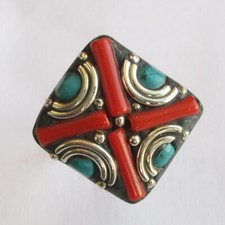 Tibetan Silver Turquoise Red Coral Original Jewelry Adjustable Round Ring R36