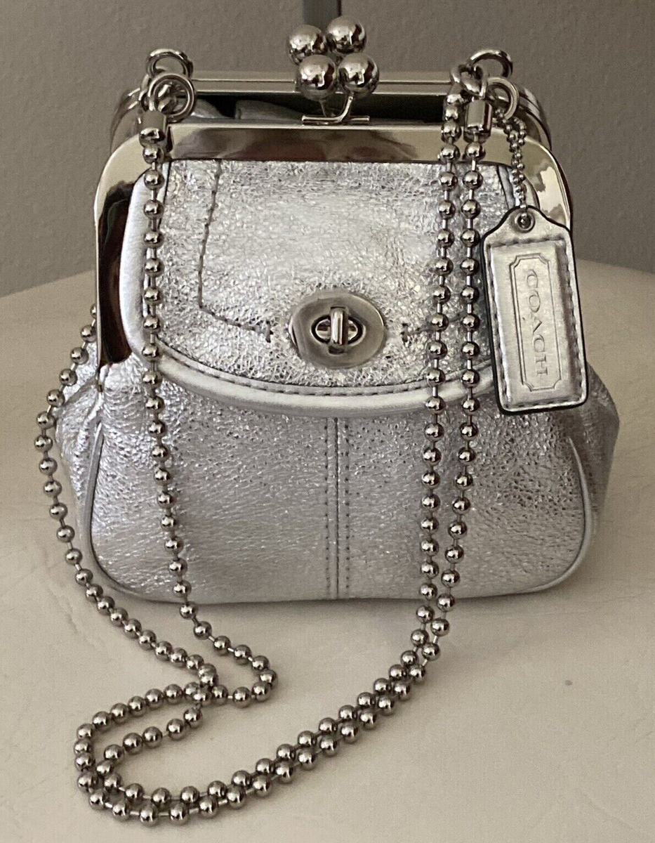 COACH METALLIC SILVER LEATHER DOUBLE KISSLOCK SATCHEL BEAD