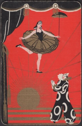 Playing Cards Single Card Old Vintage CIRCUS PERFORMING TIGHTROPE GIRL + CLOWN A