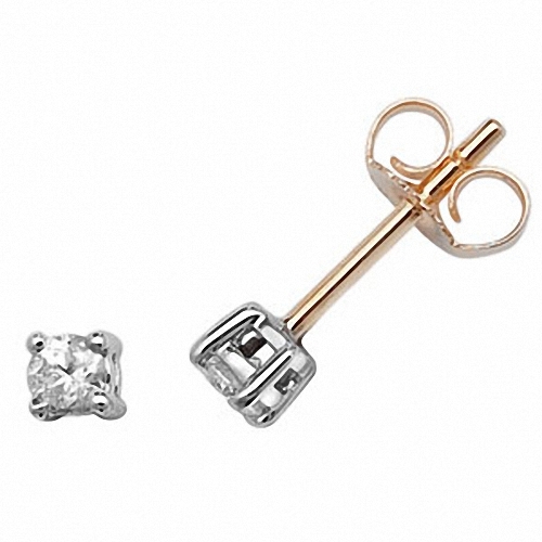 Boucles D'oreilles Diamant Solitaire Or 14 Carats - Véritable Diamant 0.10 Cts - Clous En L - Occasion