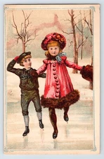 Wheeler Wilson Sewing Machines Ice Skating 1890s Victorian Trade Card 7" x 4.5"