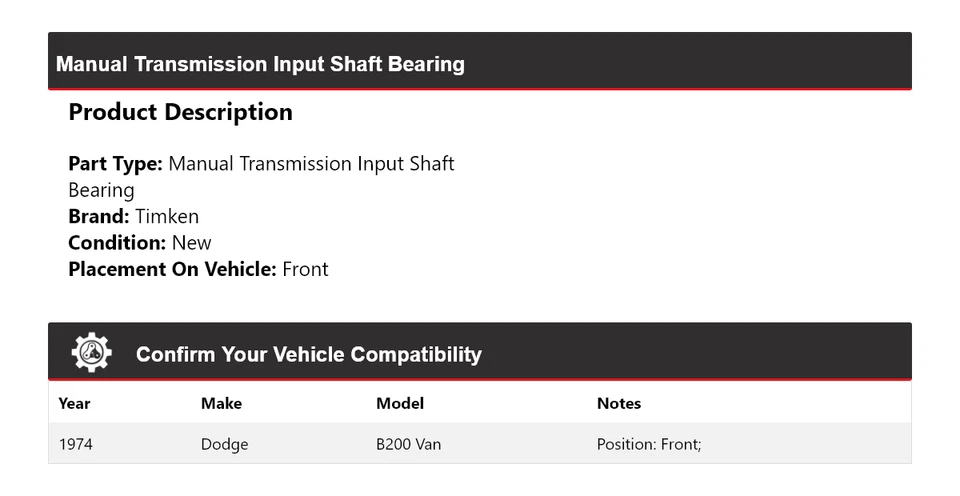 Cojinete de eje de entrada de transmisión manual Timken delantero para camioneta Dodge B200 1974 Foto 2 de 4