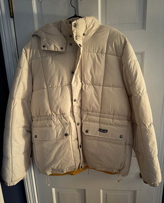 Volcom Men's L Beige Hooded Puffer Jacket Nylon Shell Snap Quilted Logo