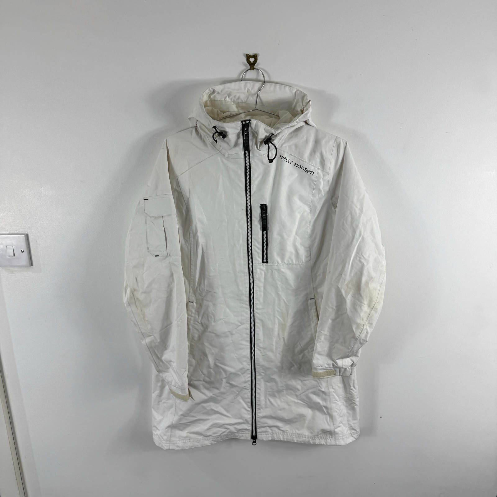 Women's Vintage Helly Hansen White Showerproof Hooded Size Medium Parka Jacket