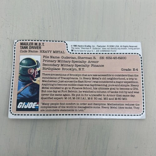Vintage GI Joe 1985 Heavy Metal Mailer MBT TANK DRIVER FILE CARD ONLY