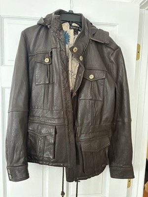 Bagatelle Brown Leather Hooded Jacket XL Button Zipper Closure Women