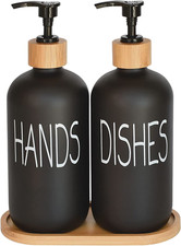 Glass Soap Dispenser Set. Hand and Dish with Bamboo Tray. Vintage Pump for Kitch