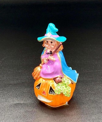 Halloween Witch Pumpkin Trinket Box Enamel Crystal Hinged Keepsake