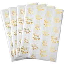 Tissue Paper 100 Sheets White Metallic Gold Thank You 20x14 Inch Gift Wrap Bulk