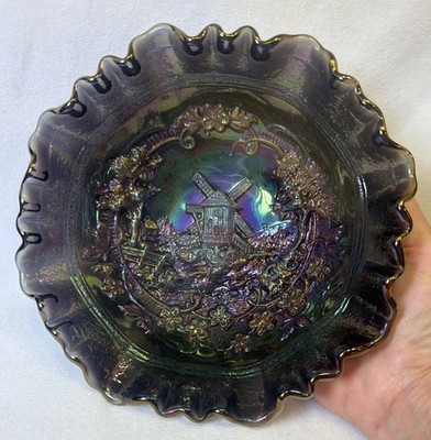 VTG MCM Imperial Amethyst Smoky Purple Carnival Glass Windmill Bowl Ruffle Edge