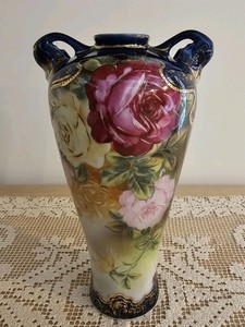 Antique Royal Kinran Nippon Vase 9" Hand Painted Roses Cobalt Blue Pre-1921