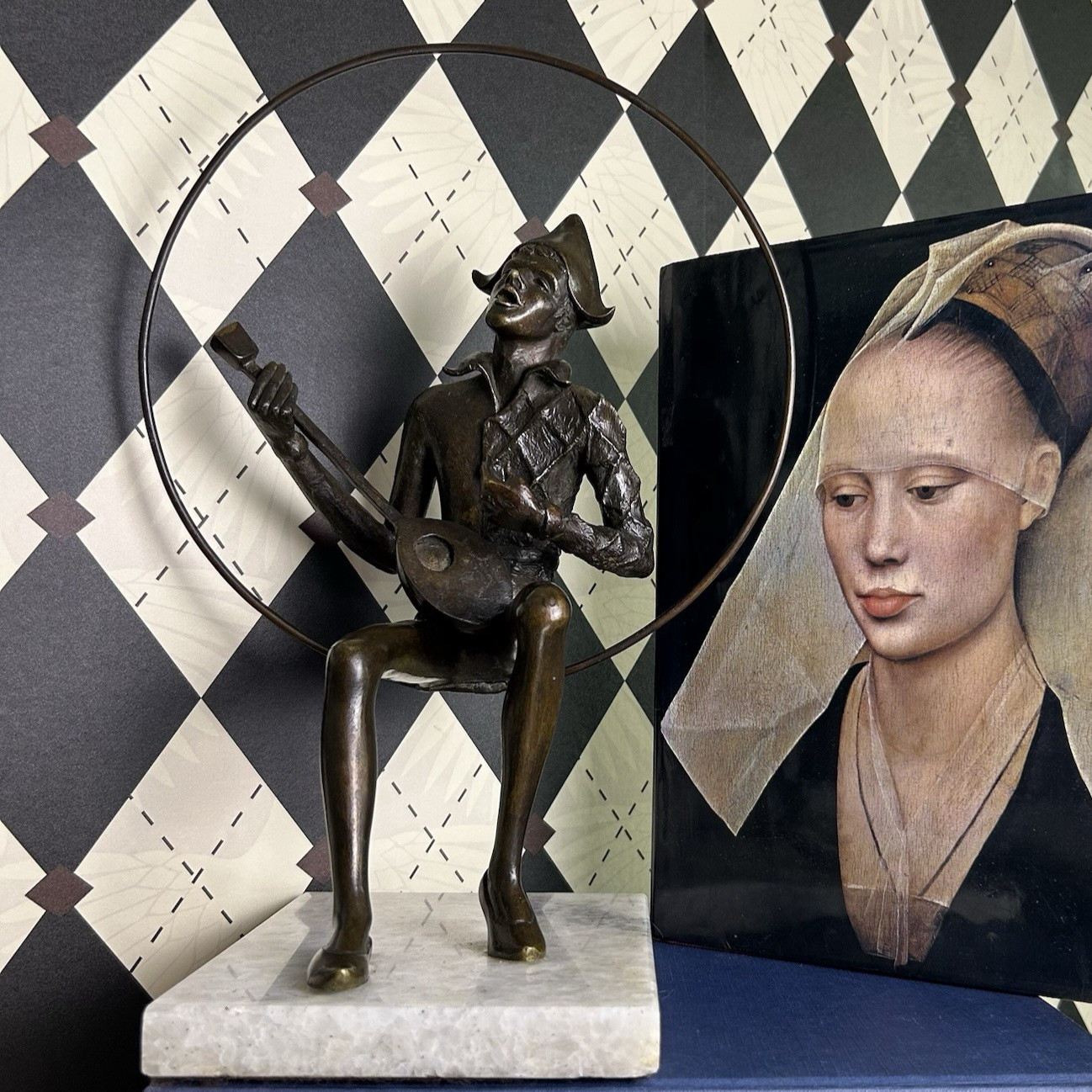 Signed Large Bronze Sculpture by Gustavo Gutierrez Lute Player Marble Base