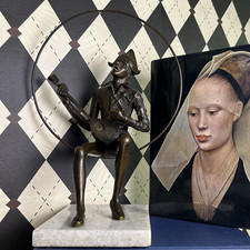 Signed Large Bronze Sculpture by Gustavo Gutierrez Lute Player Marble Base