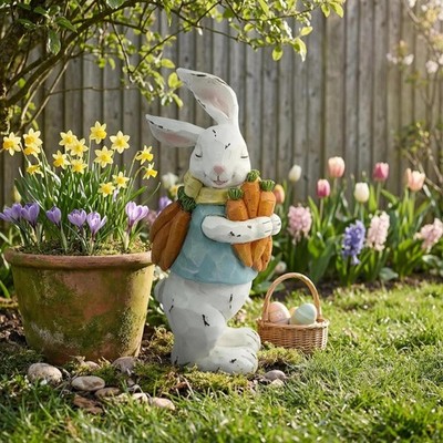 Easter Bunny Figurine Hand Painted Resin Rabbit 9.3in Garden Decor Mantel Gift		