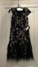 David Meister Size 6 Black Embroidered Floral Dress Gown With Feathers NWT $895