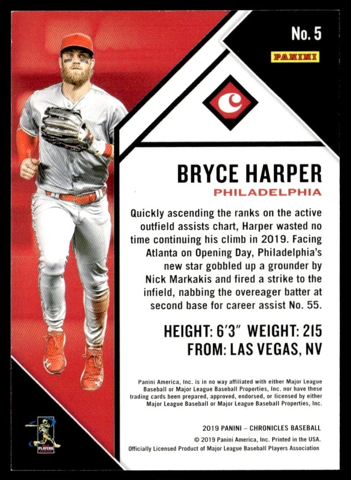 2019 Panini Chronicles Blue Bryce Harper 05/50 #5 - Image 2 of 2