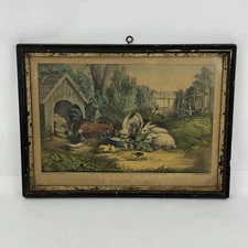 1869 Framed Currier And Ives The Happy Family Print Rooster Rabbits Dog Cat