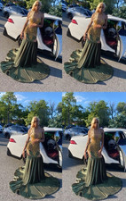 Green Gold Formal Mermaid Evening Gown with Train