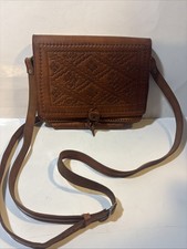 Vintage Handmade Tooled Leather Crossbody Purse Boho adjustable strap 7.5x10in