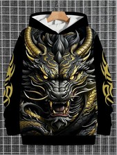 3D Black Gold Dragon Hoodie Mythical Beast Graphic Pullover Sweatshirt Unisex
