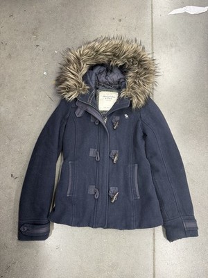 VTG Y2K Abercrombie & Fitch Fur Trim Toggle Hooded Wool Blend Coat Women's Large