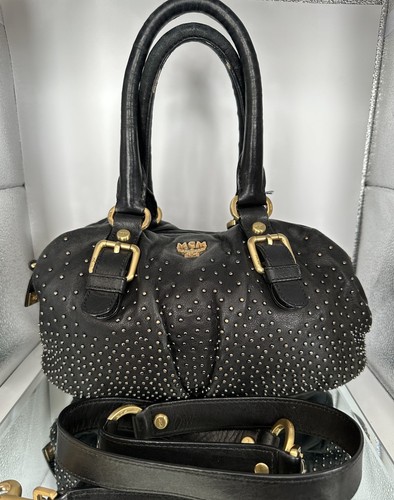 MCM 2way Shoulder Bag Black Leather Studded Bag Purse Authentic Cross Body 2 Way - Picture 2 of 24