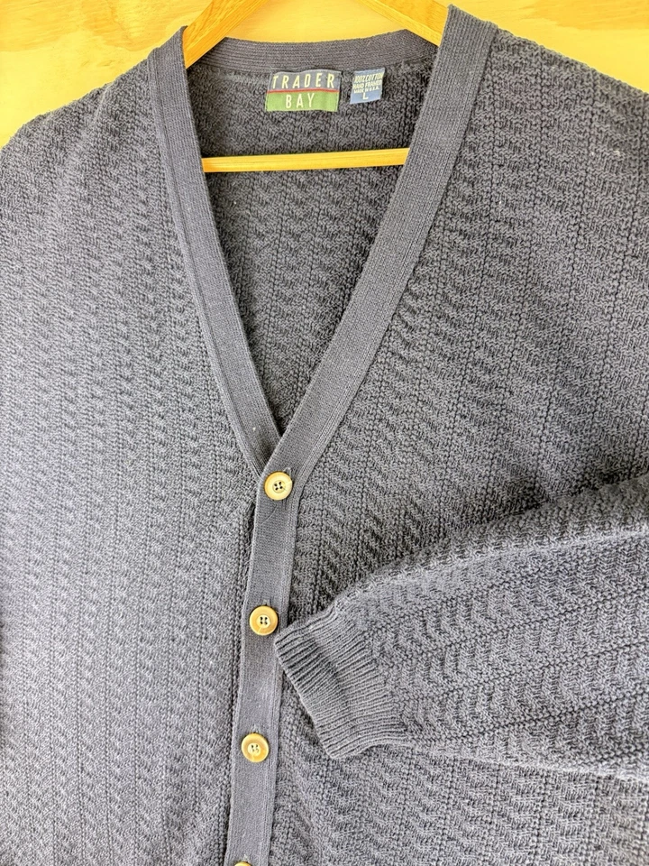 Made USA Vintage Trader Bay Button Hand Framed Cardigan Knit Large Sweater Navy - Image 2 of 4