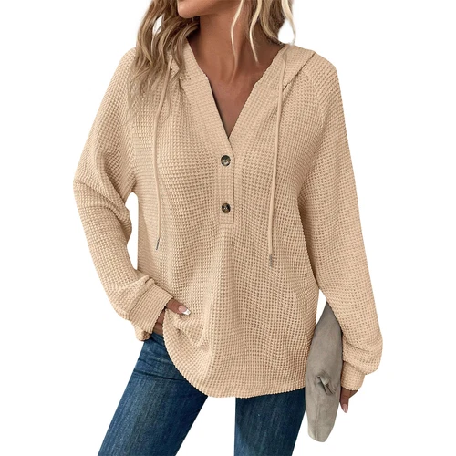 Women's hooded waffle knit button V-neck long sleeved sweater sweatshirt top- - Bild 18 von 43