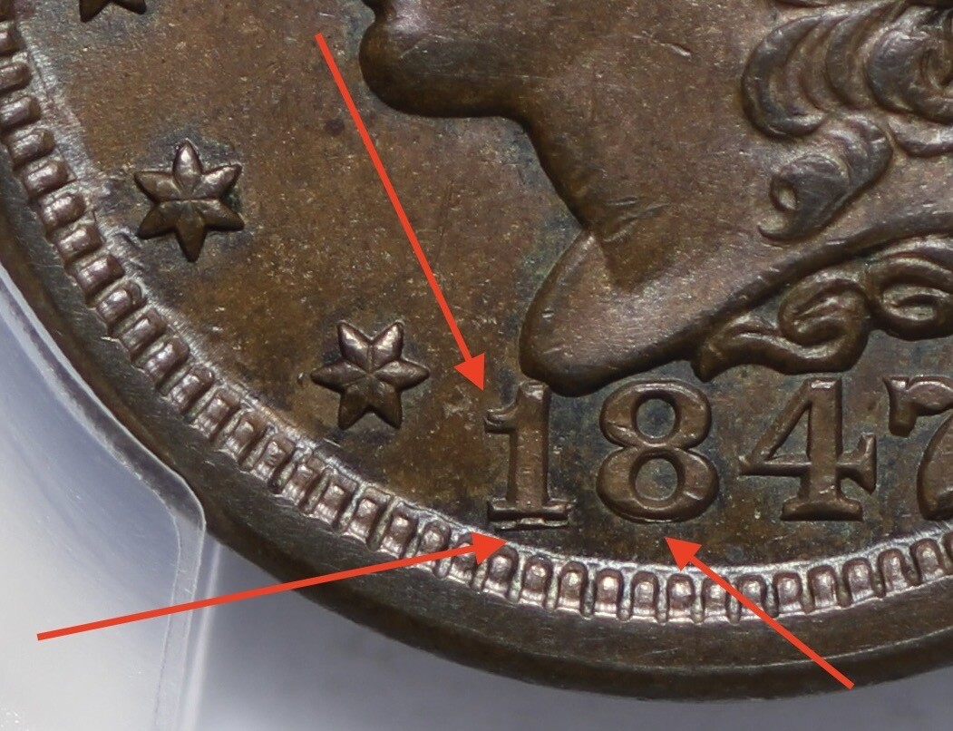 BU 1847 Braided Hair Large Cent Repunched Date! PCGS MS62BN
