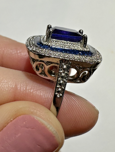 Zaffiro Blu Colore Vetro Cristallo Color Argento Smalto Misura 9 Anello - Foto 8 di 12