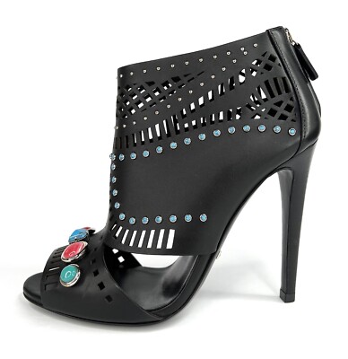 GUCCI LIKA LASER CUT LEATHER STONE STUD EMBELLISHED LOGO ANKLE BOOT SIZE EU 38