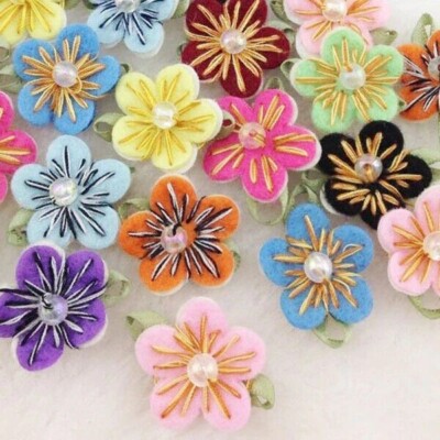 7/8'' Felt Flower w/Bead Leaf Appliques/Craft 6 pc select color