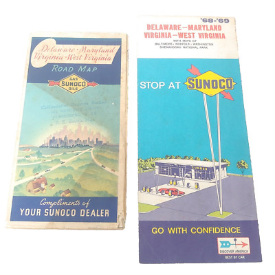 Sunoco Map Pair Delaware Maryland Virginia West Virginia Vintage 1968