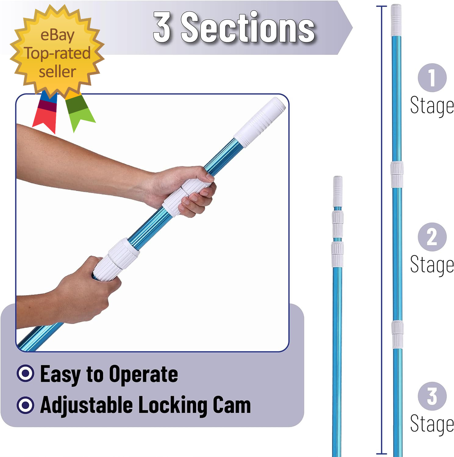 - Telescopic Pool Pole, 12Ft, Adjustable 3Piece Expandable Step-Up, Telescopic P