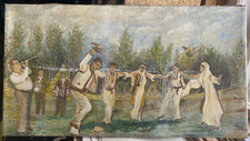 Oil Painting Dancing Hungarian Wedding Society Hora Signed Romanian