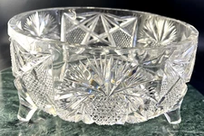 ABP Cut Glass 3 Toed 7 3/4" Ferner Bowl. Strawberry Diamond & Hobstar