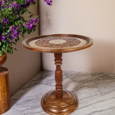 Table Handcrafted Round | Antique Carved Wood Accent Table | Unique Design