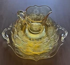 Lancaster Glass Jubilee Yellow Floral Etched Depression Creamer Platter Plates