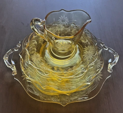 Lancaster Glass Jubilee Yellow Floral Etched Depression Creamer Platter Plates
