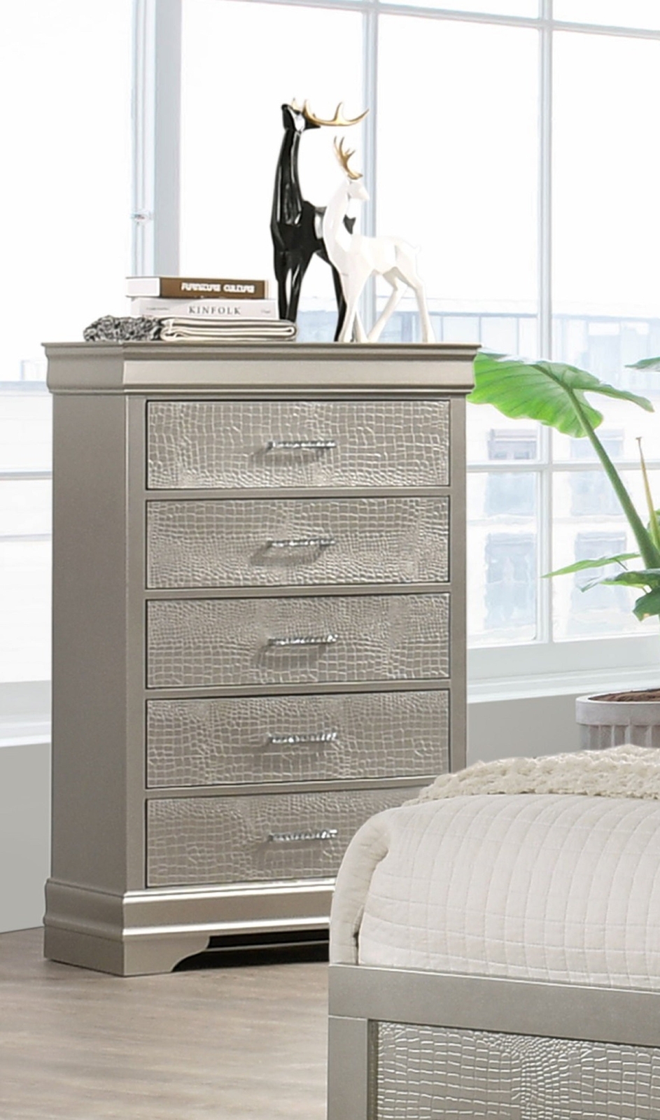 Modern 5-Drawer Wood Chest in Beige Champagne Finish