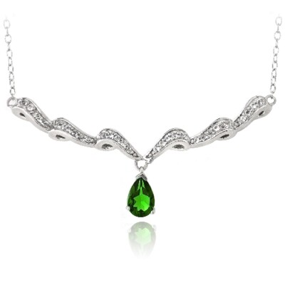 925 Silver Lab Created Green Quartz & White Topaz Swirl Teardrop Necklace