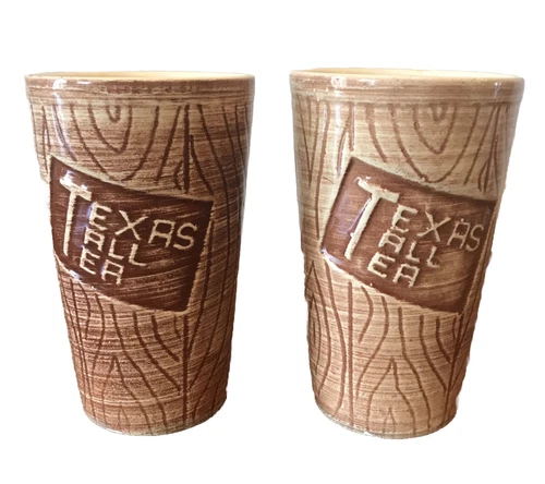 Set of 2 Vintage Watt Brown Wood Grain Pottery Texas Tall Tea Glass Tumblers