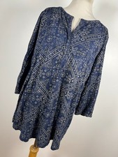 Lucky Brand 1X Shirt Top Navy Blue Tan Paisley V Neck 3/4 Sleeve Stretch F2