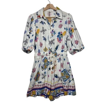 Label of Love Portofino Linen Playsuit Romper Coastal Print Seashell Resort Sz S
