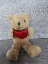 Vintage Tan Russ Berrie Teddy Bear Holding Heart 7" Valentines Day