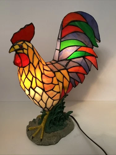 Vtg Rooster Chicken Table Lamp Tiffany Style Stained Glass 16” Farm Animal 90s?